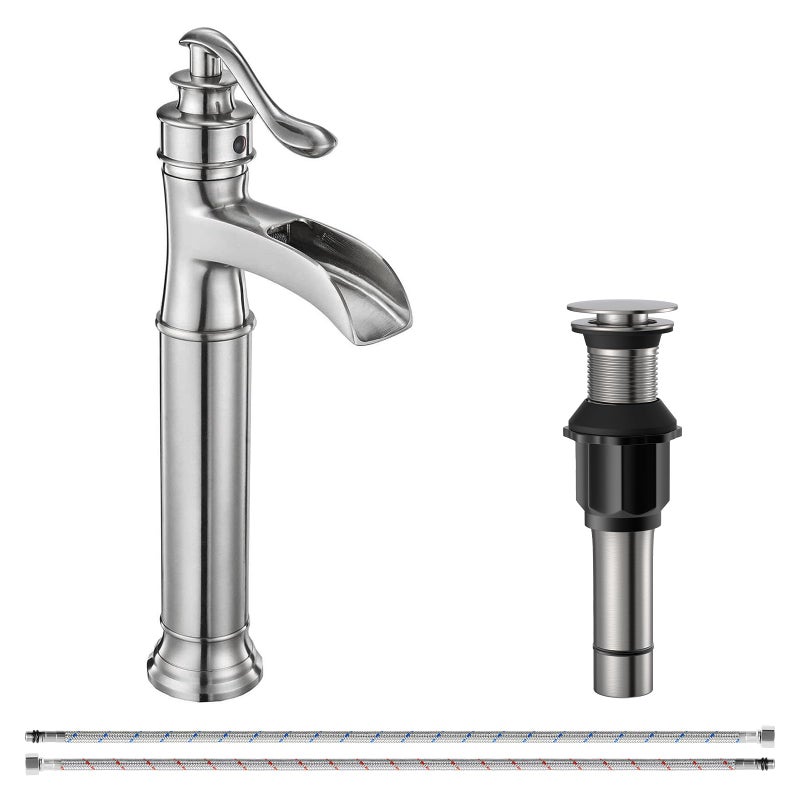 BATHFINESSE Bathroom Faucet Vessel Sink Faucet Waterfall Faucet for Sink 1 Hole with Pop Up Drain None Overflow Tall Bowl Sink Mixer Tap Deck Mount, Brushed Nickel - Image 1